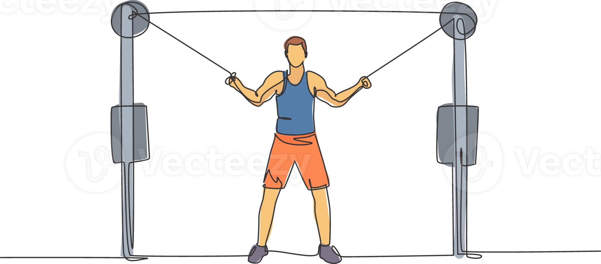 One single line drawing of young energetic man exercise with cross over cable in gym fitness center illustration graphic. Healthy lifestyle sport concept. Modern continuous line draw design png