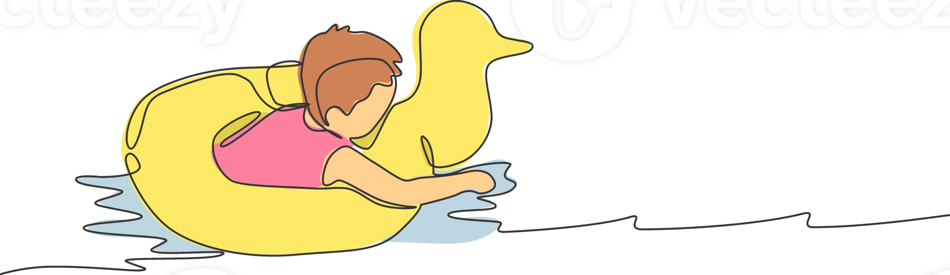 Single continuous line drawing of young happy boy playing with floating ring in gym swimming pool center. Summer holidays and vacation concept. Trendy one line draw graphic design illustration png