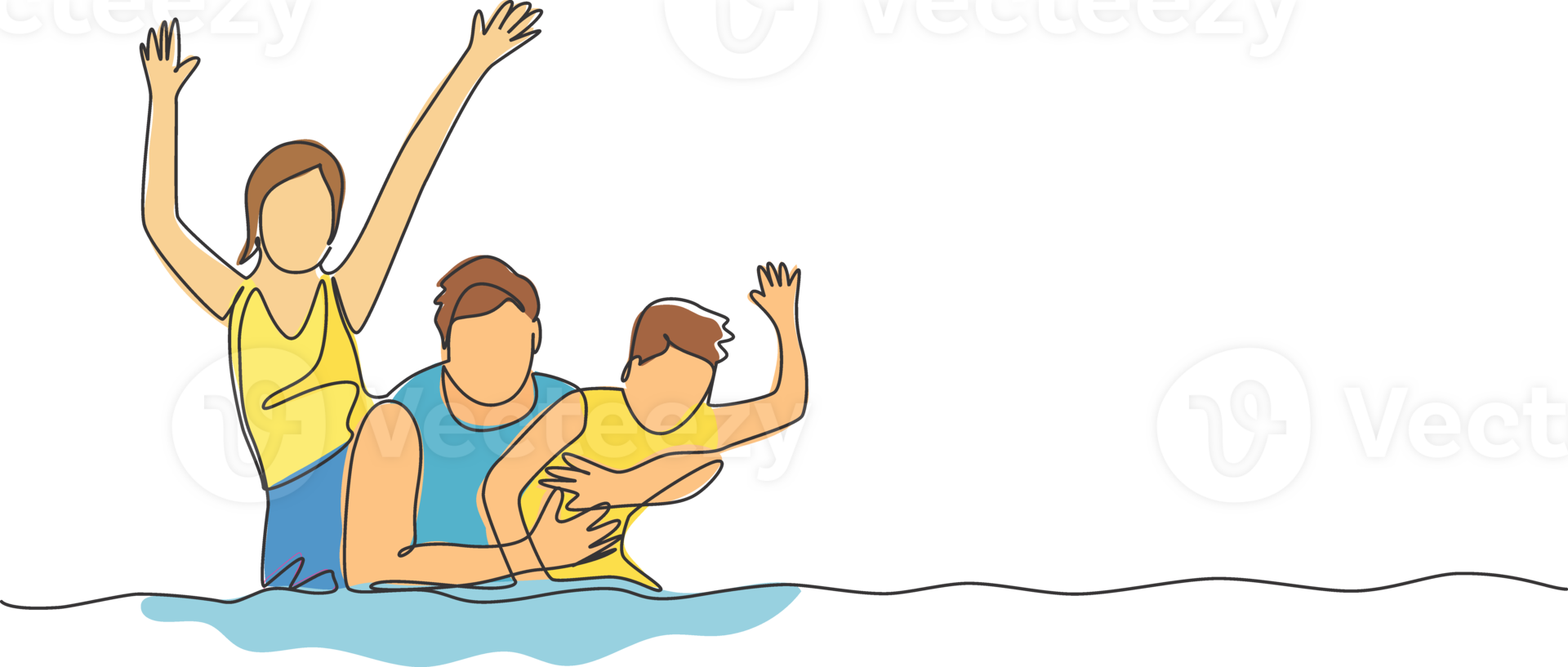 One continuous line drawing of happy family enjoying play and swimming together in pool sport center. Summer holiday vacation and parenting concept. Dynamic single line draw design illustration png