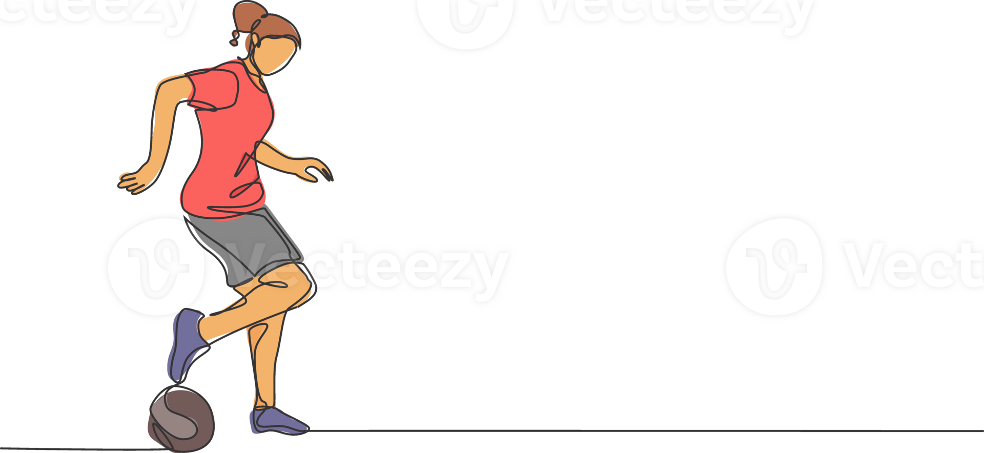 Single continuous line drawing of young sportive woman train soccer freestyle, dribbling trick on the field. Football freestyler concept. Trendy one line draw graphic design illustration png