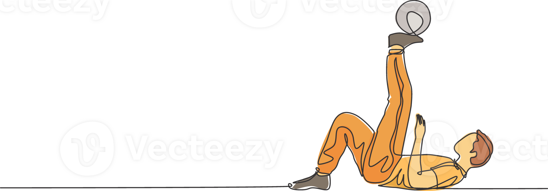 One continuous line drawing of young sporty man soccer freestyler practice hold the ball with toe in the street. Football freestyle sport concept. Dynamic single line draw design illustration png