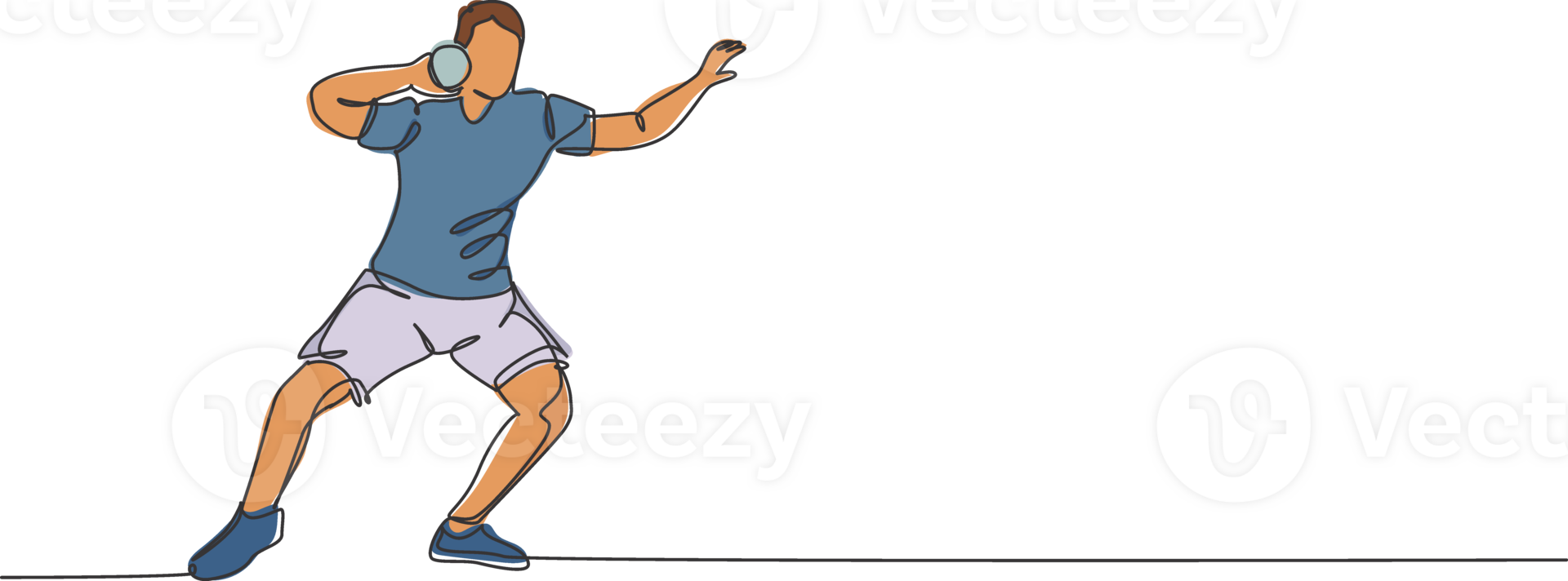 One continuous line drawing young sporty man exercising a stance before throw shot put on the field. Athletic games. Olympic sport concept. Dynamic single line draw graphic design illustration png