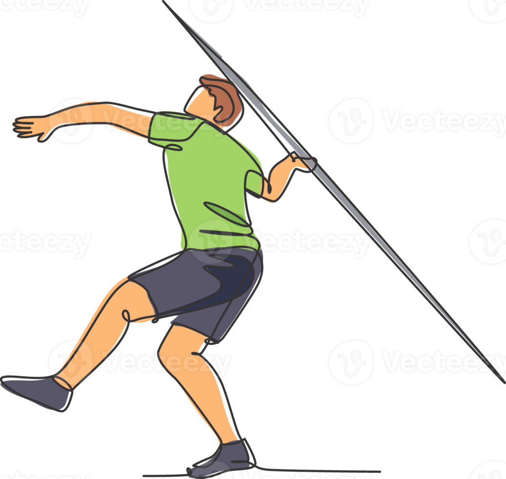 One single line drawing of young energetic man exercise aiming javelin throw to target area graphic illustration. Healthy lifestyle athletic sport concept. Modern continuous line draw design png