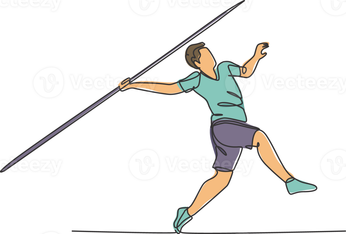 One continuous line drawing of young sporty man exercise to run stance before throw javelin on the field. Athletic games. Olympic sport concept. Dynamic single line draw design illustration png