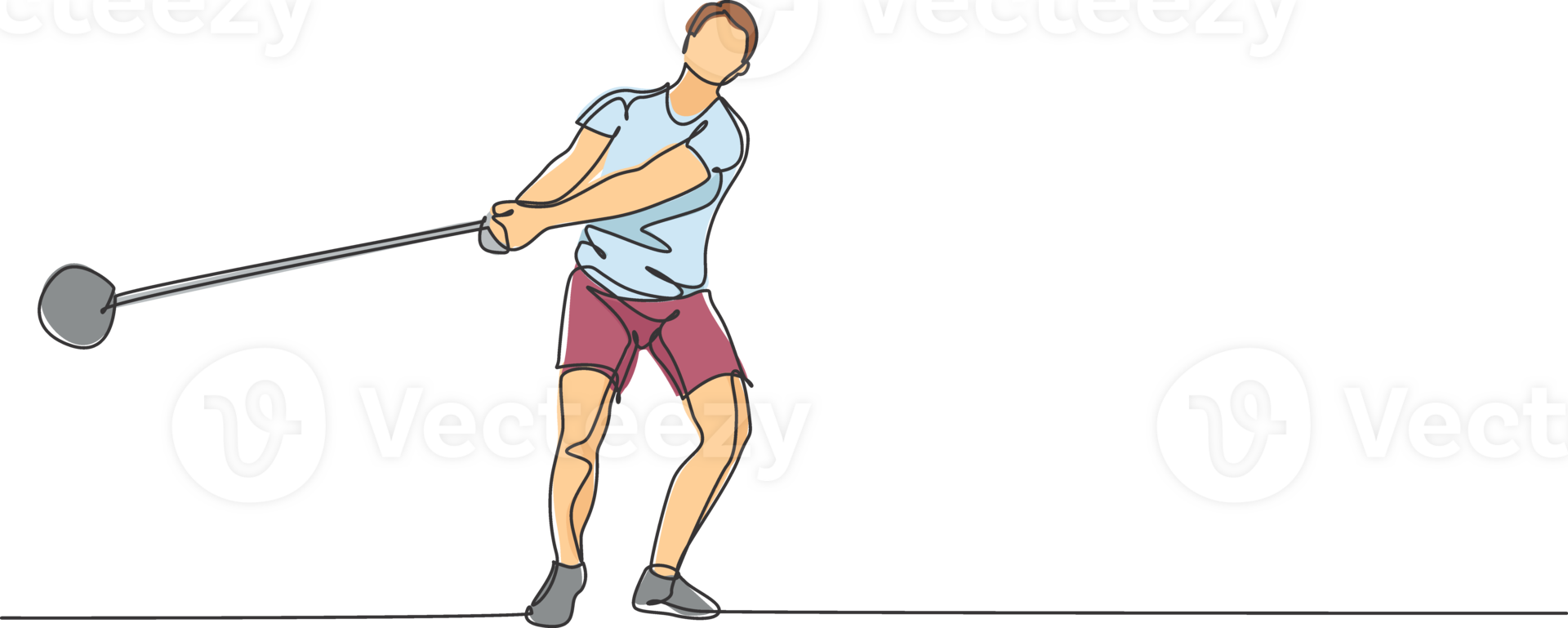 Single continuous line drawing of young sportive man practice to concentrate while swinging hammer on the court stadium. Athletic games sport concept. Trendy one line draw design illustration png