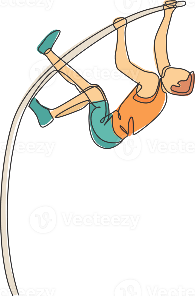 un Célibataire ligne dessin de Jeune énergique homme exercice pôle voûte à passer le bar à champ illustration. en bonne santé athlétique sport concept. compétition événement. moderne continu ligne dessiner conception png