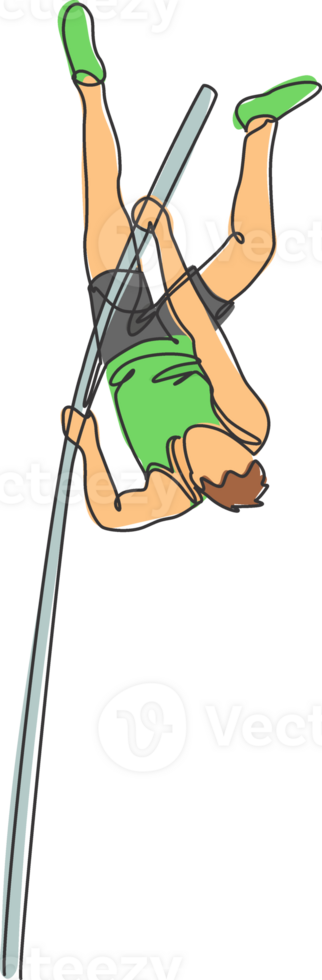 Single continuous line drawing of young sportive man training pole vault jump vertically in the field. Healthy athletic sport concept. Tournament event. Trendy one line draw design illustration png