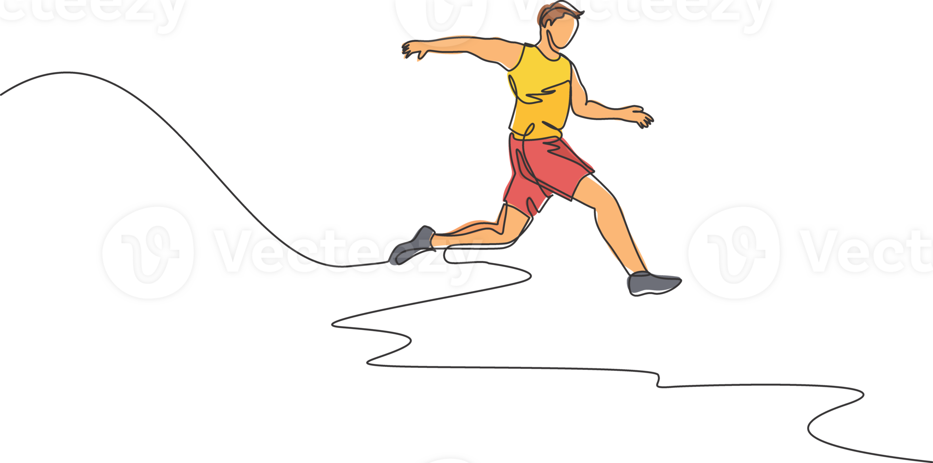 Single continuous line drawing of young sportive man training ling jump in the stadium field. Healthy athletic sport concept. Tournament event. Trendy one line draw design graphic illustration png