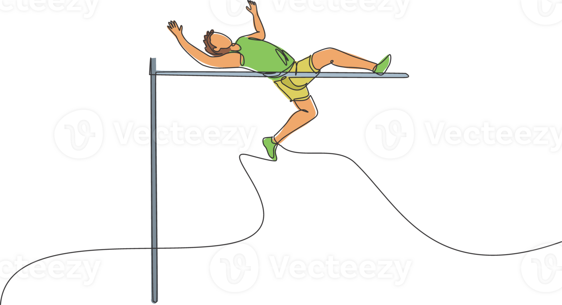One single line drawing of young energetic man success to pass the bar on high jump match illustration. Healthy athletic sport concept. Competition event. Modern continuous line draw design png