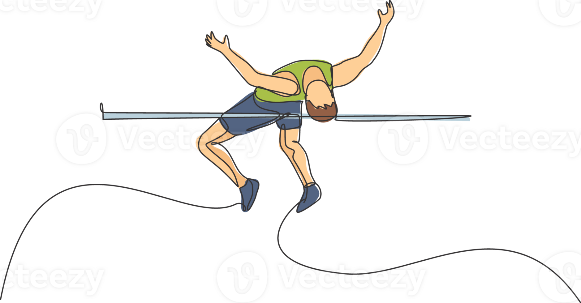 One continuous line drawing of young sporty man practicing pass through the bar in high jump game. Healthy athletic sport concept. Championship event. Single line draw design illustration png