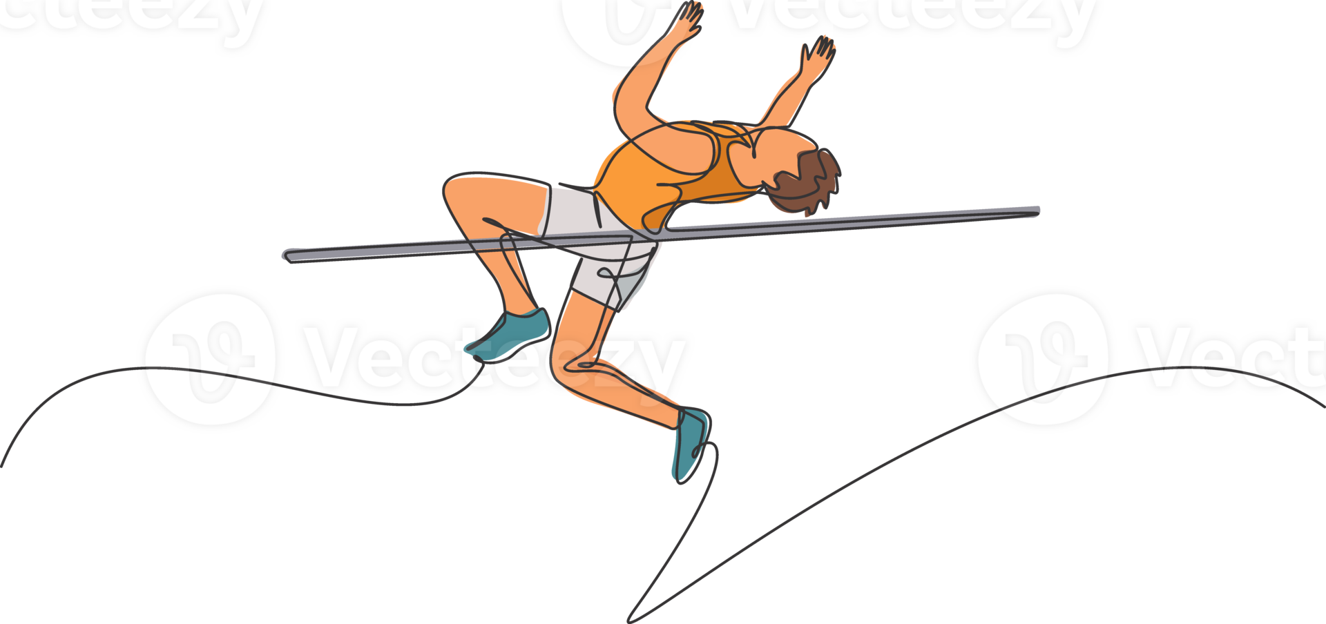 One continuous line drawing of young sporty man practicing high jump games in the field. Healthy athletic sport concept. Championship event. Dynamic single line draw design illustration graphic png