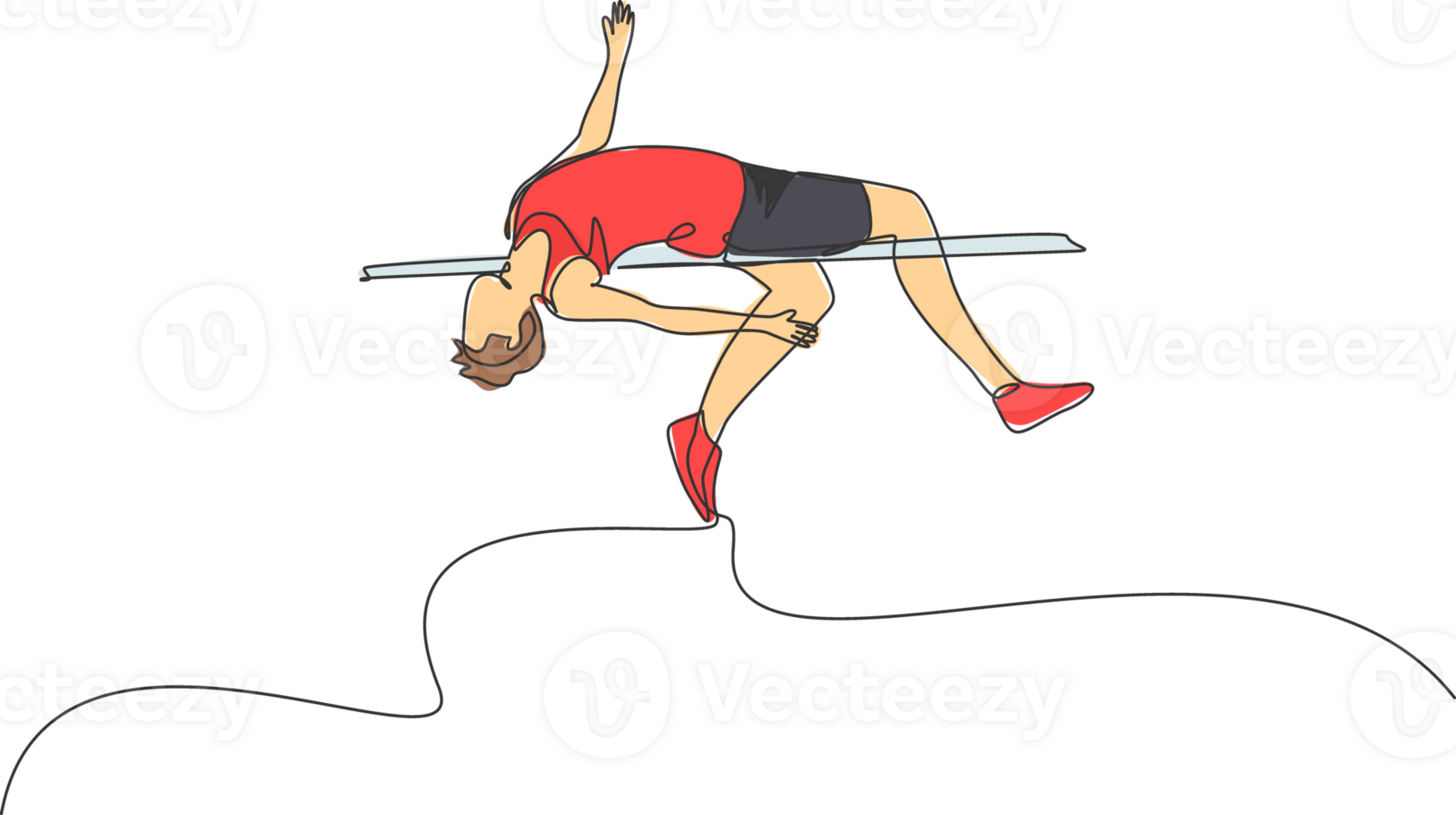One continuous line drawing young sporty man success to pass the bar on high jump game. Healthy athletic sport concept. Championship event. Dynamic single line draw design graphic illustration png