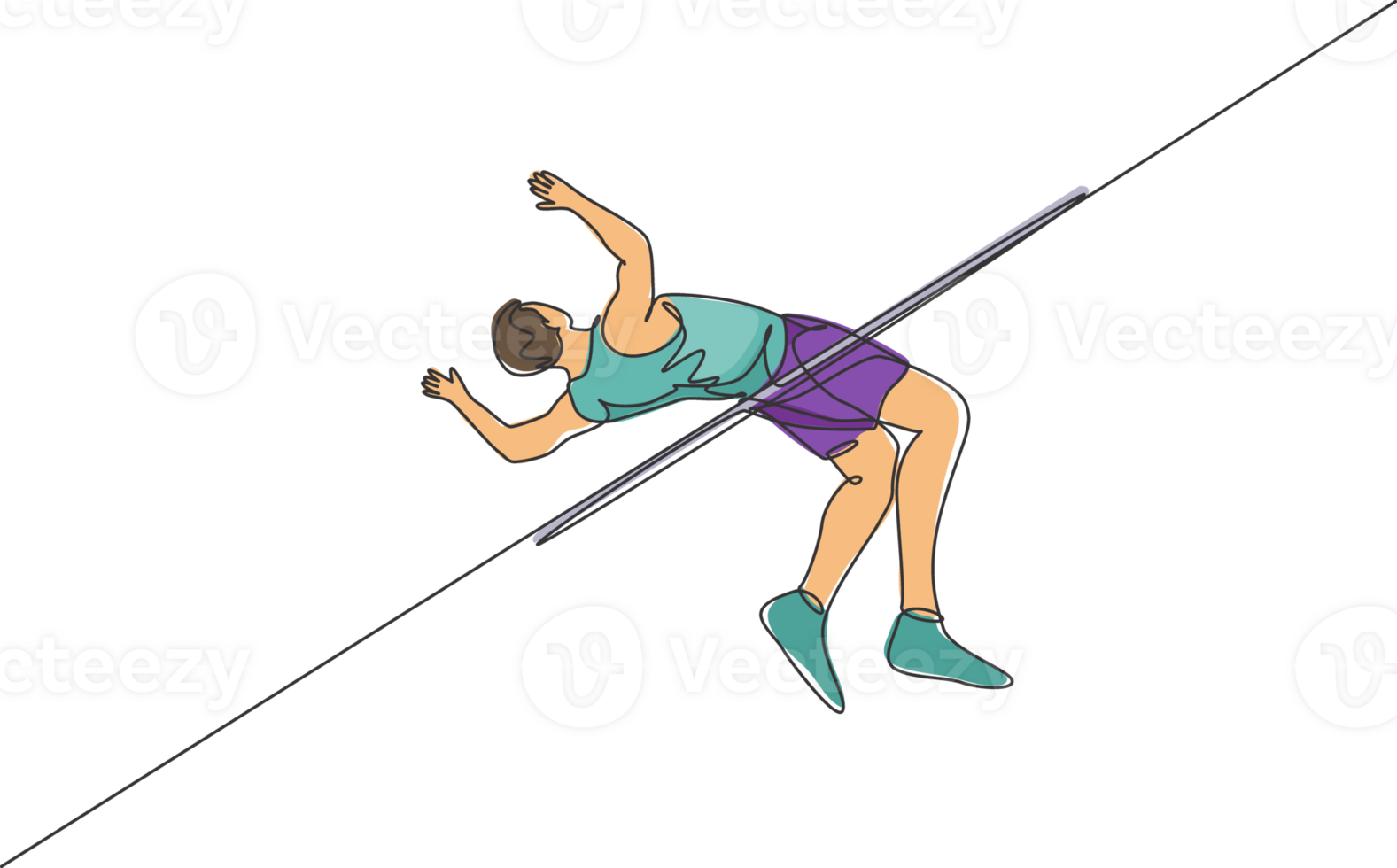 Single continuous line drawing young man training to pass the bar in high jump game in field. Healthy athletic sport concept. Tournament event. Trendy one line draw graphic design illustration png