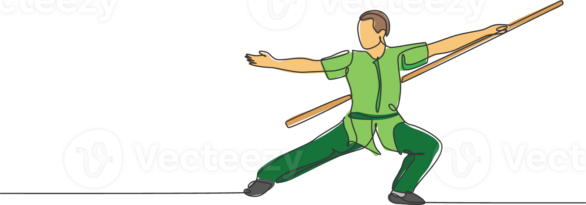Single continuous line drawing of young man wushu fighter, kung fu master in uniform training with long staff at dojo center. Fighting contest concept. Trendy one line draw design illustration png