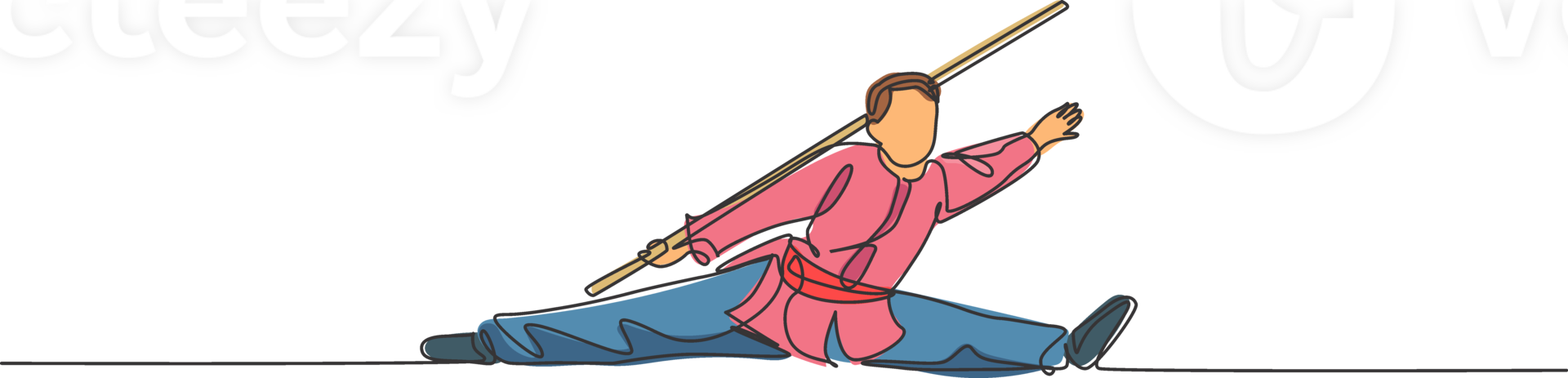 One continuous line drawing of wushu master man, kung fu warrior in kimono with long stick staff on training. Martial art sport contest concept. Dynamic single line draw design illustration png