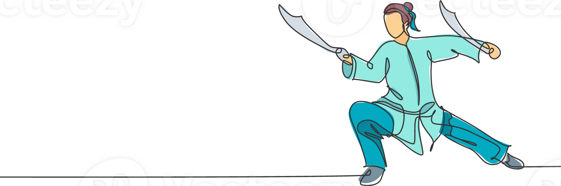 One single line drawing of young woman on kimono exercise wushu martial art, kung fu technique with swords on gym center illustration. Fighting sport concept. Modern continuous line draw design png