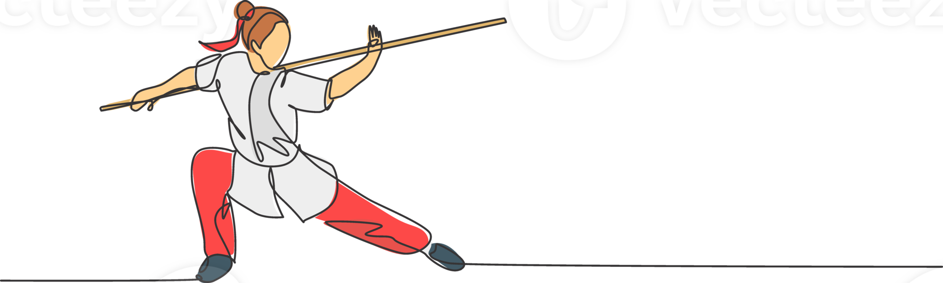 Single continuous line drawing of young woman wushu fighter, kung fu master in uniform train with long staff at dojo center. Fighting contest concept. Trendy one line draw design illustration png