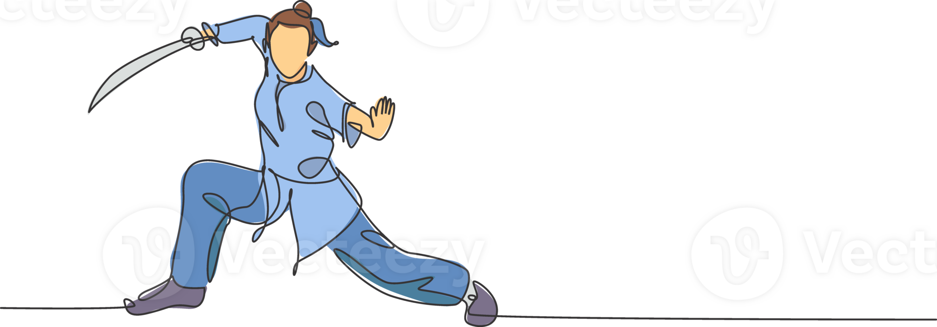 One single line drawing of young woman on kimono exercise wushu martial art, kung fu technique with sword on gym center illustration. Fighting sport concept. Modern continuous line draw design png