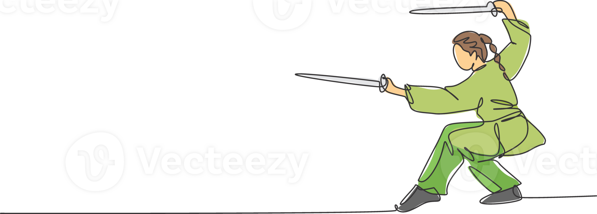 Single continuous line drawing of young woman wushu fighter, kung fu master in uniform training with swords at dojo center. Fighting contest concept. Trendy one line draw design illustration png