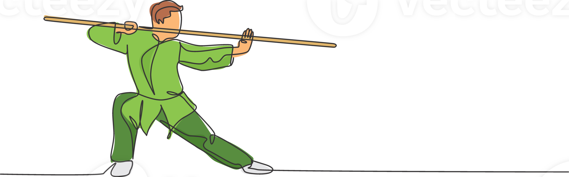 One continuous line drawing of young wushu master man, kung fu warrior in kimono with long staff on training. Martial art sport contest concept. Dynamic single line draw design illustration png