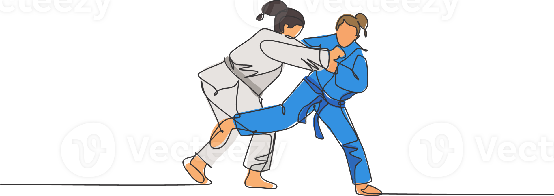 ett kontinuerlig linje teckning två ung sportig kvinnor Träning judo Metod på sporter hall. jiu jitsu slåss bekämpa sport konkurrens begrepp. dynamisk enda linje dra design grafisk illustration png