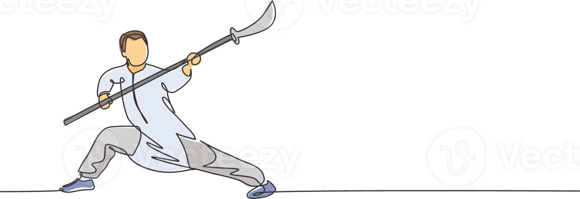 One single line drawing of young man on kimono exercise wushu martial art, kung fu technique with spear on gym center illustration. Fighting sport concept. Modern continuous line draw design png
