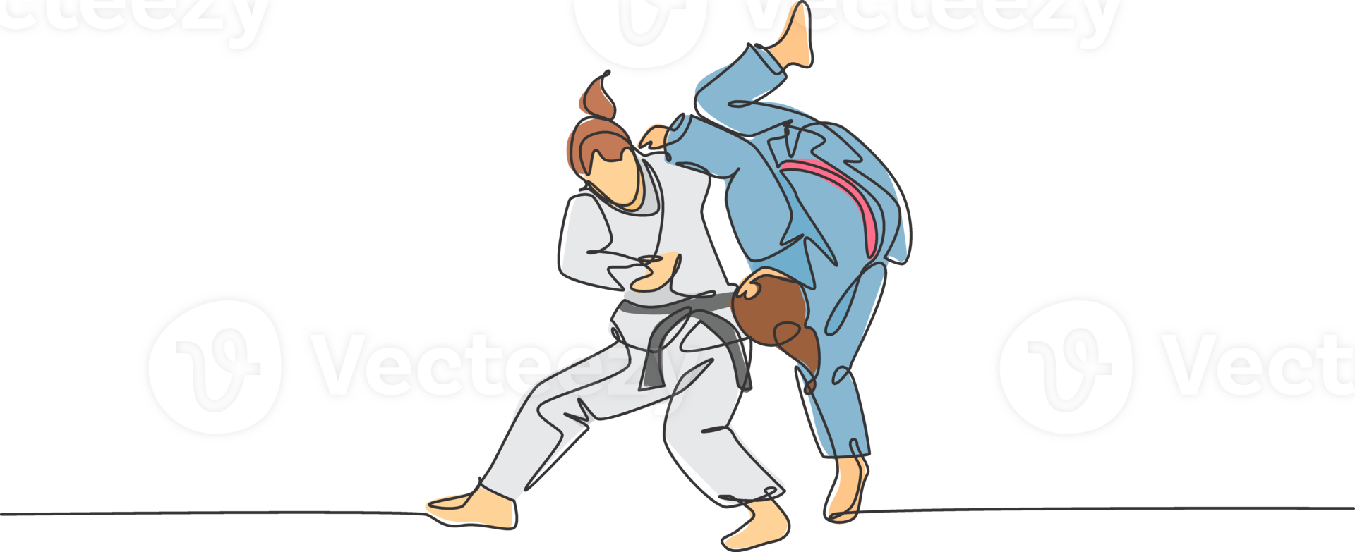 One continuous line drawing two young sporty women training judo technique at sports hall. Jiu jitsu battle fight sport competition concept. Dynamic single line draw design graphic illustration png