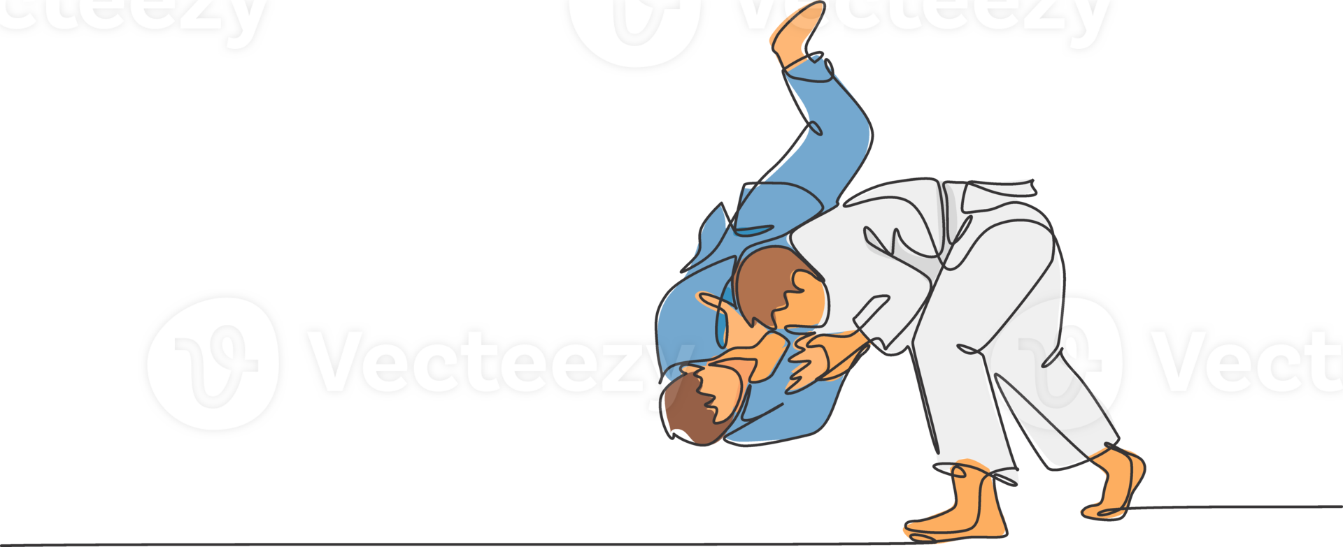 One single line drawing of two young energetic judokas fighter men battle fighting at gym center graphic illustration. Martial art sport competition concept. Modern continuous line draw design png