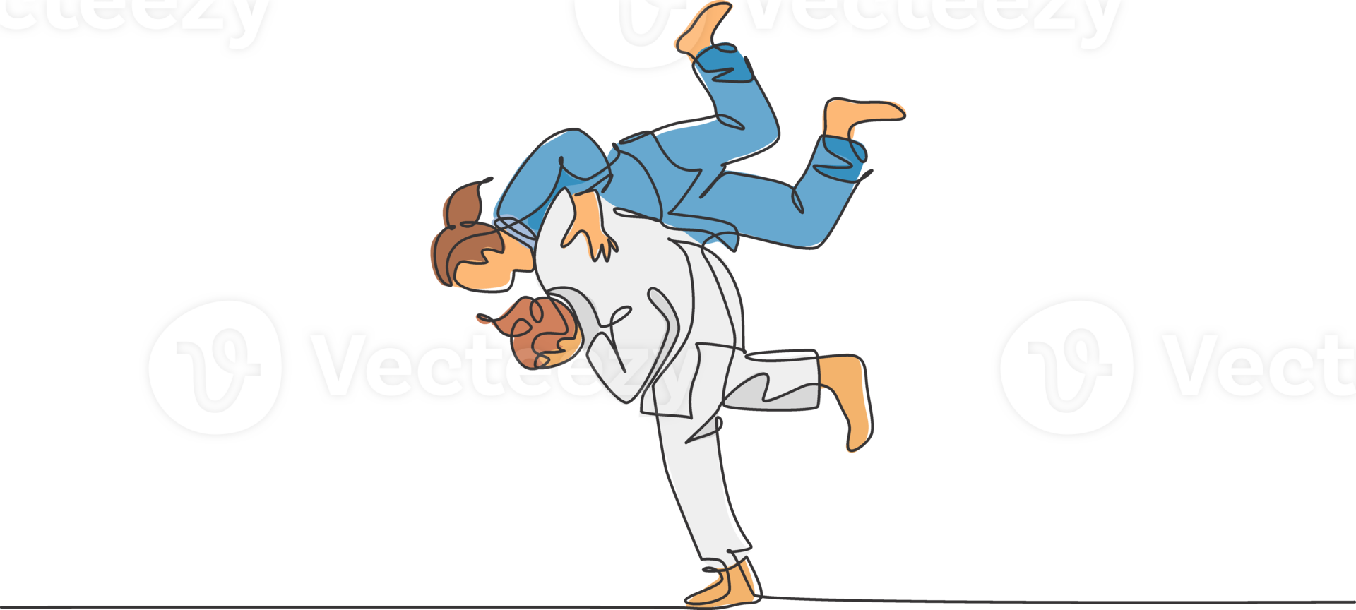 single doorlopend lijn tekening twee sportief judoka vechter Dames praktijk judo vaardigheid Bij dojo Sportschool centrum. vechten jiu-jitsu, aikido sport concept. modieus een lijn trek grafisch ontwerp illustratie png