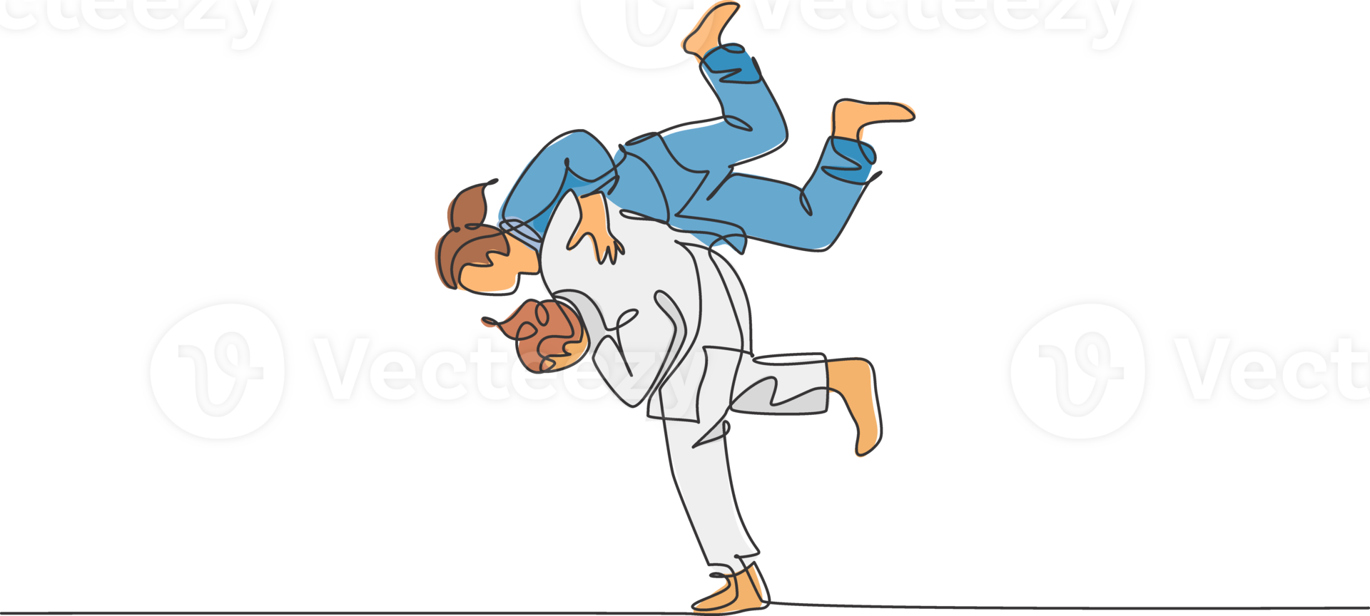 enda kontinuerlig linje teckning två sportigt judoka kämpe kvinnor öva judo skicklighet på dojo Gym Centrum. stridande jiujitsu, aikido sport begrepp. trendig ett linje dra grafisk design illustration png