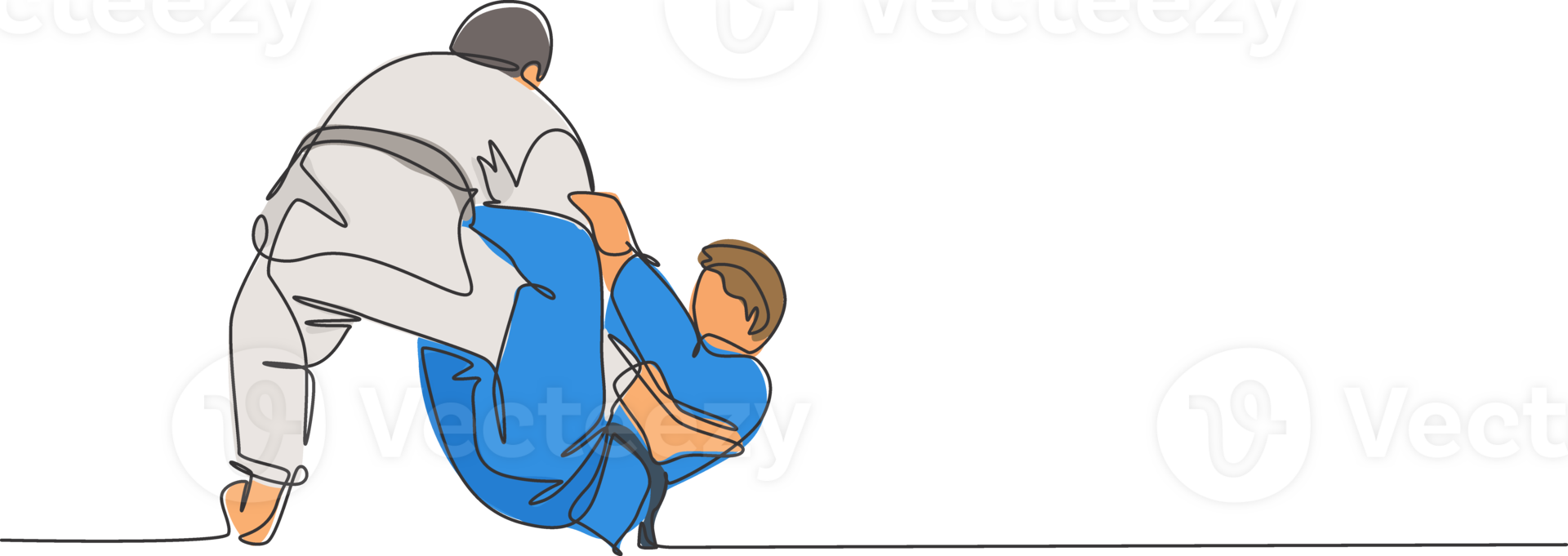 One single line drawing of two young energetic judokas fighter men battle fighting at gym center graphic illustration. Martial art sport competition concept. Modern continuous line draw design png