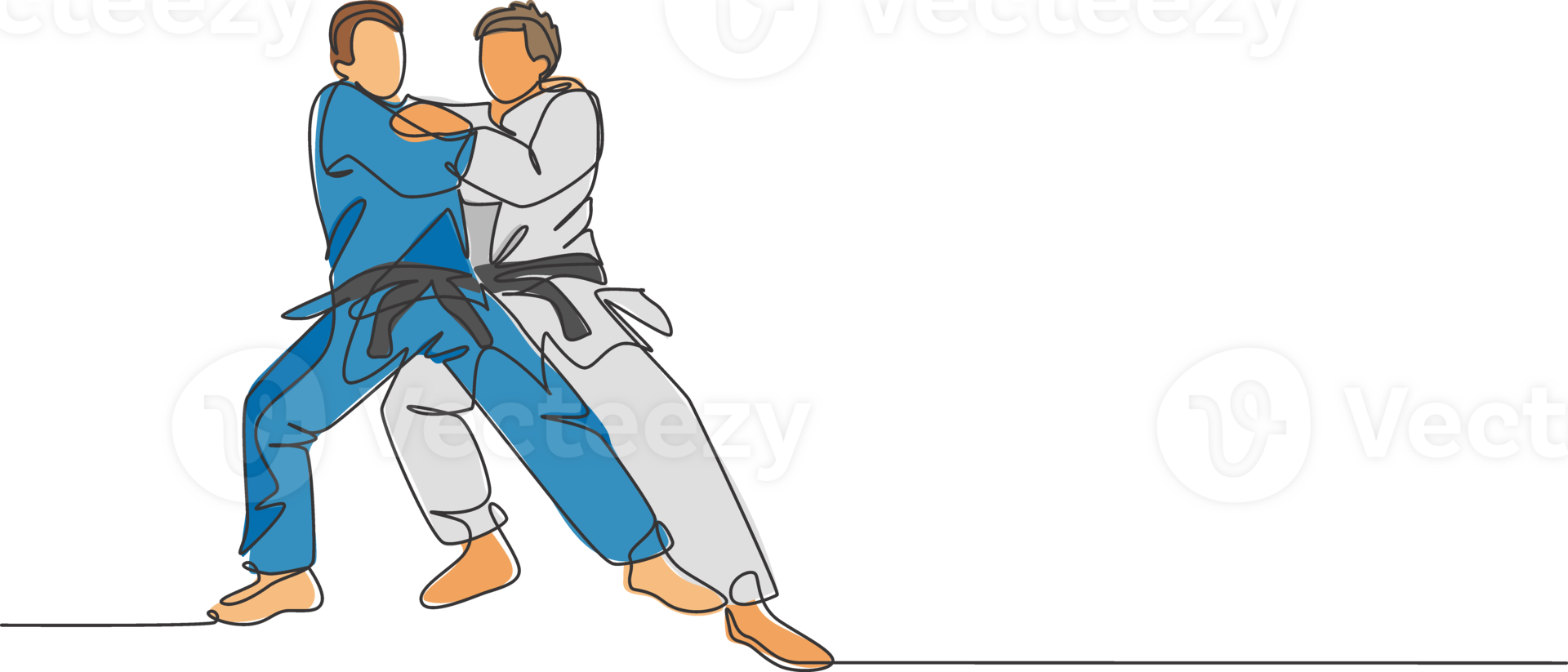 One continuous line drawing of two young sporty men training judo technique at sport hall. Jiu jitsu battle fight sport competition concept. Dynamic single line draw design graphic illustration png