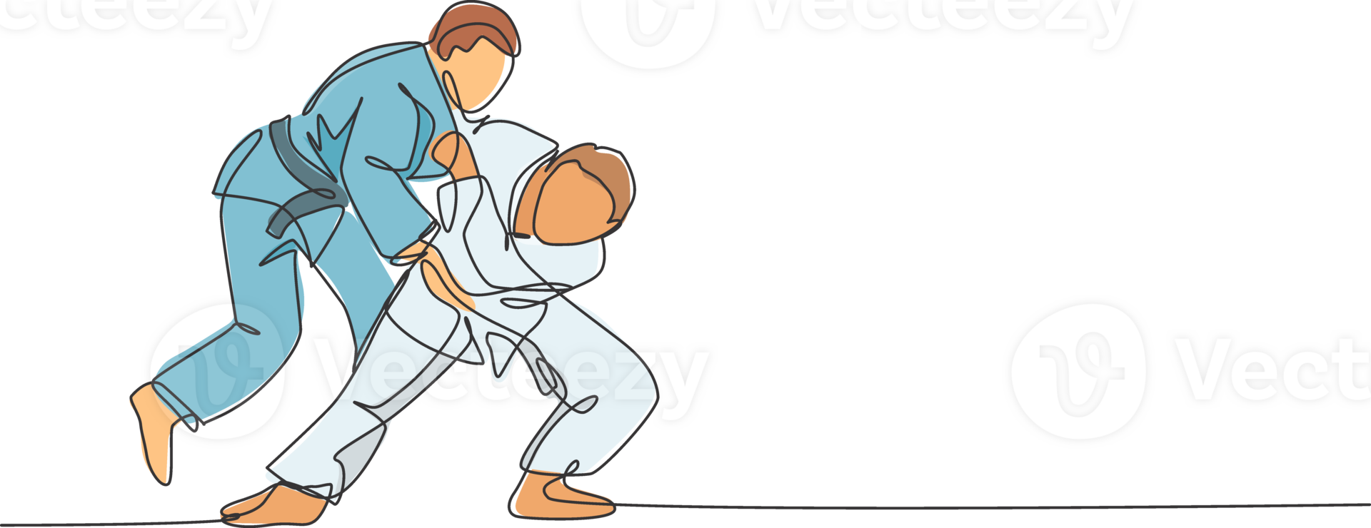 One single line drawing of two young energetic judokas fighter men focus battle fighting at gym center illustration. Martial art sport competition concept. Modern continuous line draw design png