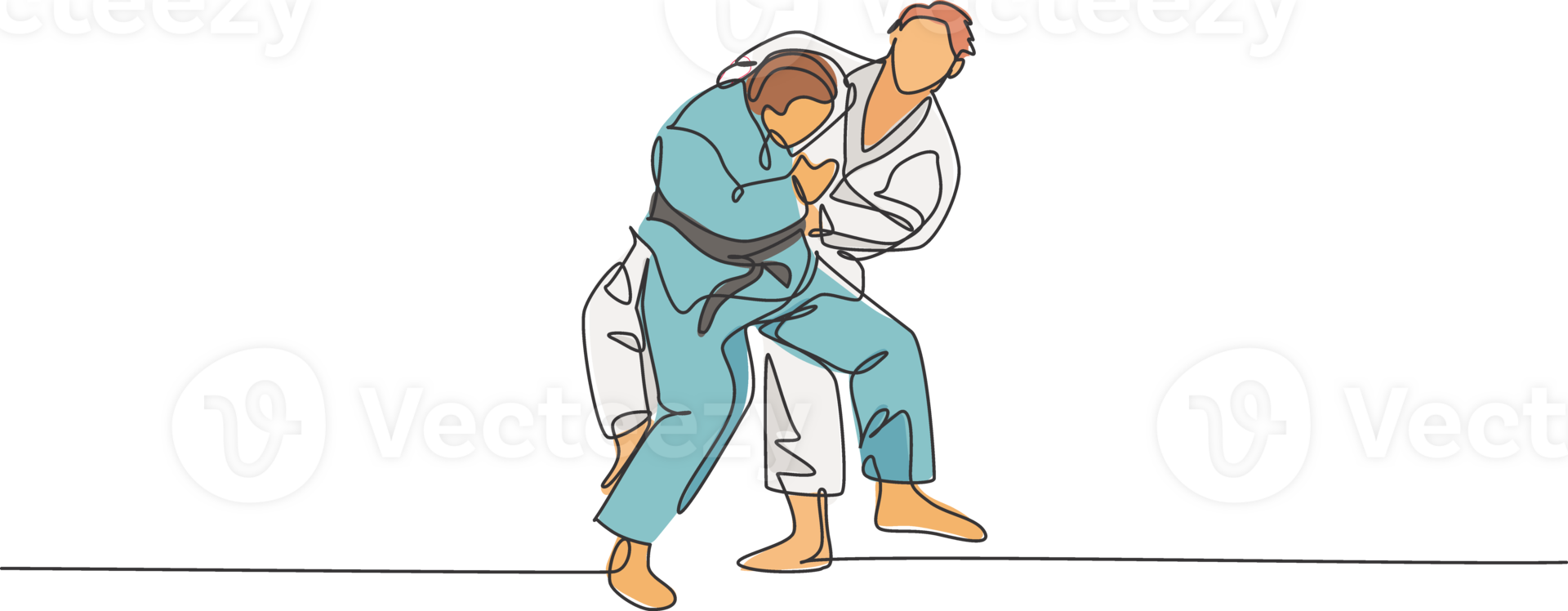 One single line drawing of two young energetic judokas fighter men battle fighting at gym center graphic illustration. Martial art sport competition concept. Modern continuous line draw design png