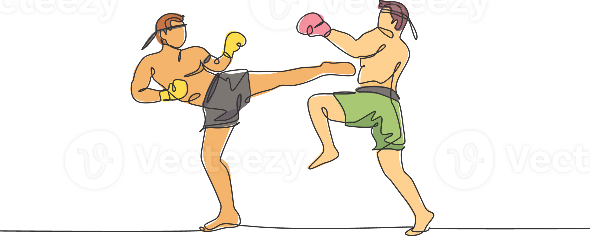 One continuous line drawing of two young sporty muay thai boxer men kicking hard sparring fight partner at box arena. Fighting sport game concept. Dynamic single line draw design illustration png