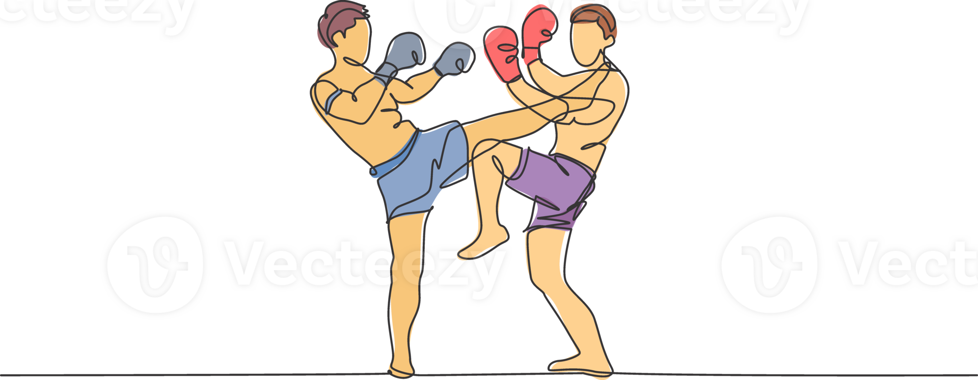 One single line drawing of two young energetic muay thai fighter men exercising at gym fitness center illustration. Combative thai boxing sport concept. Modern continuous line draw design png