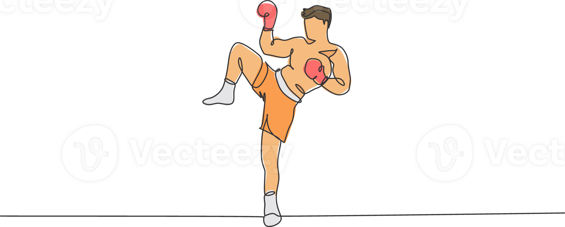 One continuous line drawing of young sporty muay thai boxer man preparing to fight, stance kick at box arena. Fighting sport game concept. Dynamic single line draw design illustration graphic png