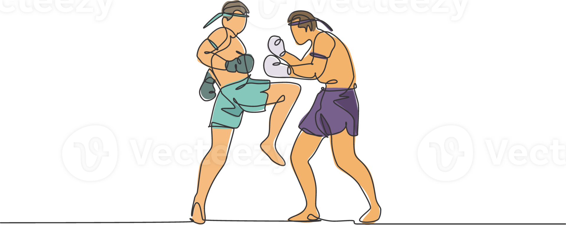 One continuous line drawing two young sporty muay thai boxer men preparing to fight sparring at boxing arena. Fighting sport game concept. Dynamic single line draw design graphic illustration png