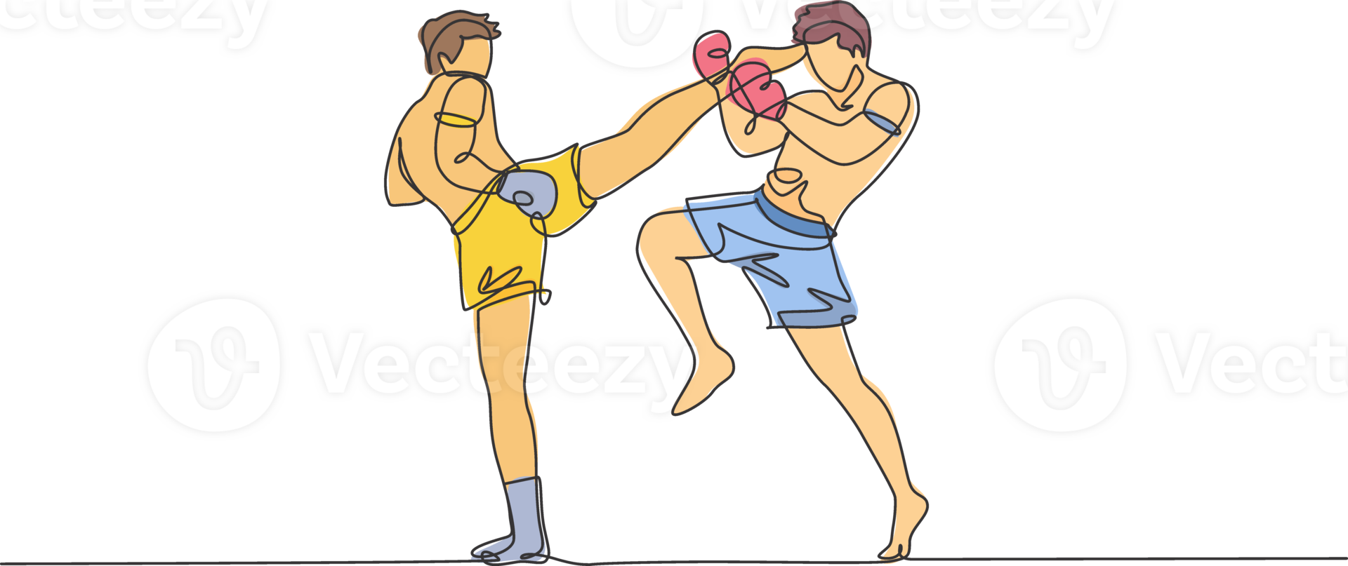 One single line drawing of young energetic muay thai fighter man exercising at gym fitness graphic center illustration. Combative thai boxing sport concept. Modern continuous line draw design png