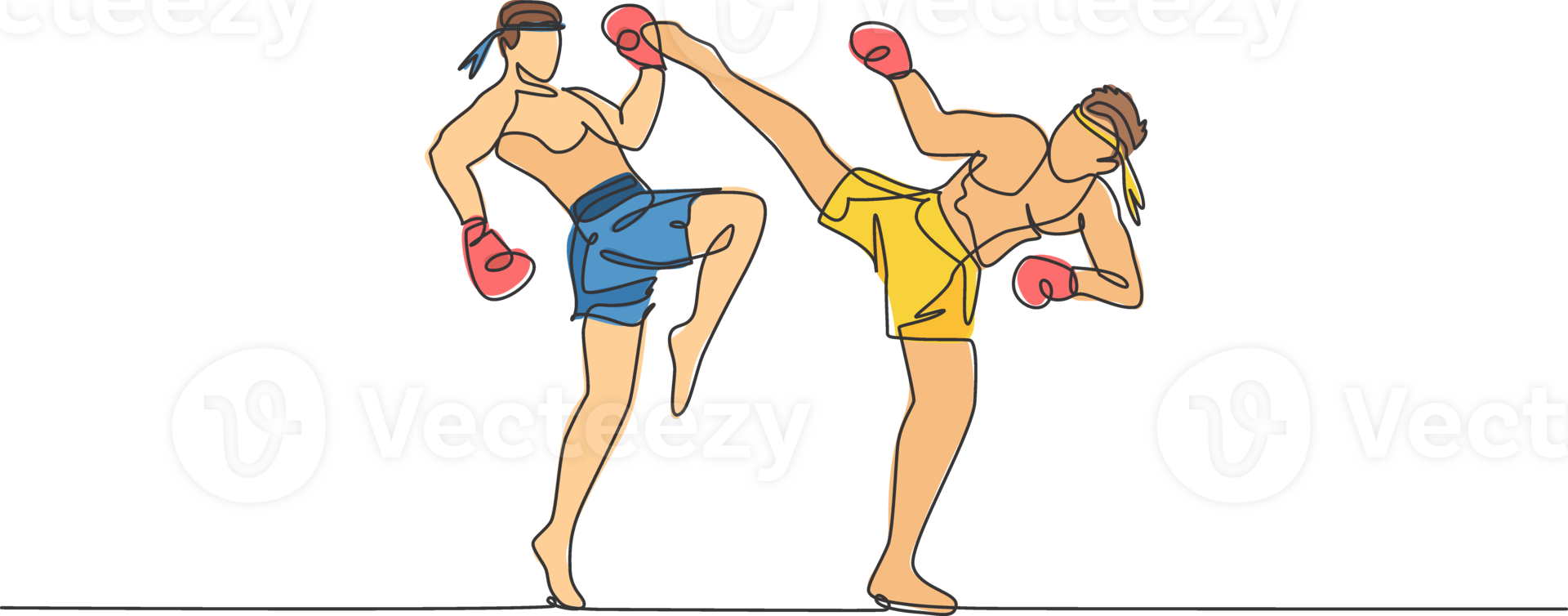 One single line drawing of two young energetic muay thai fighter men fight sparring at gym fitness center illustration. Combative thai boxing sport concept. Modern continuous line draw design png