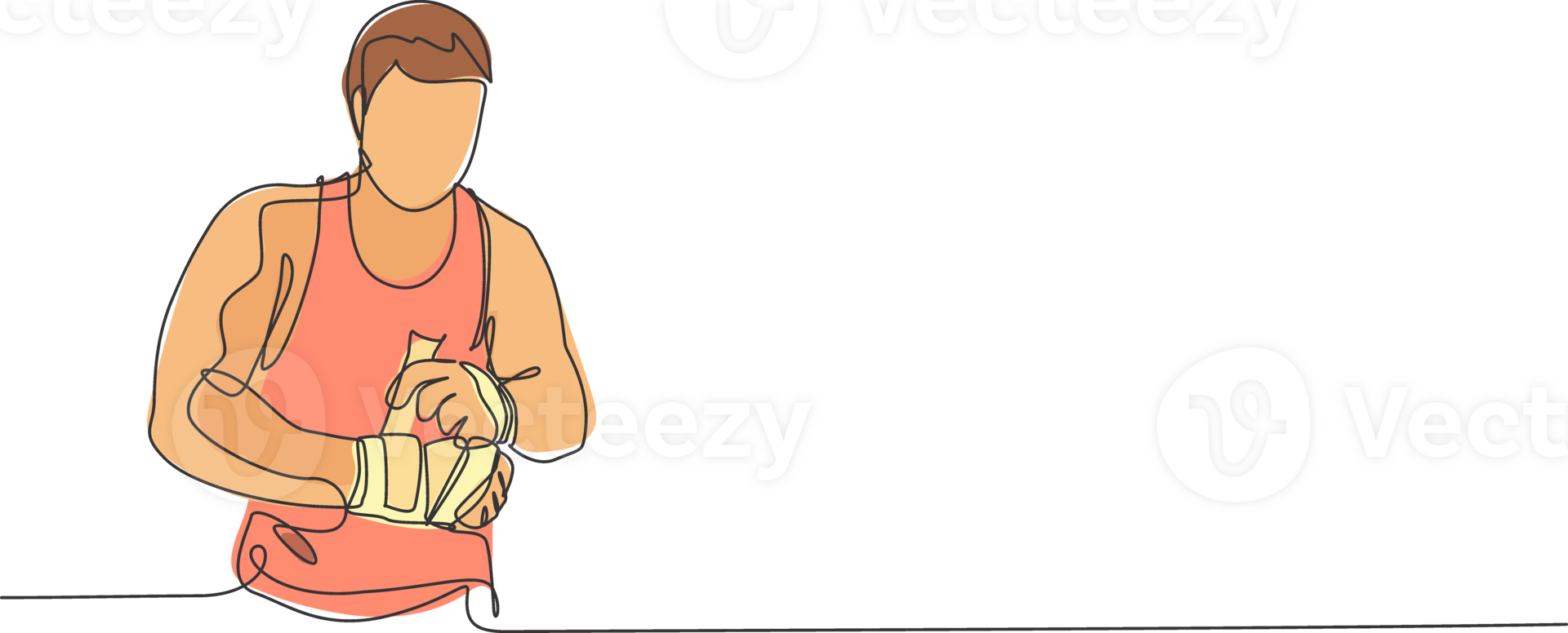 One continuous line drawing of young sporty man kickboxer athlete wrap a strap bandage to prepare a fighting at gym center. Combative sport concept. Dynamic single line draw design illustration png