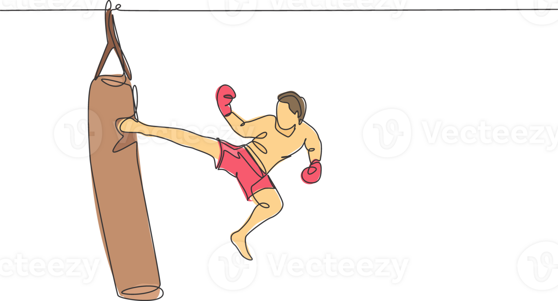 One single line drawing of young energetic man kickboxer practice jump kicking with punch bag in boxing arena illustration. Healthy lifestyle sport concept. Modern continuous line draw design png