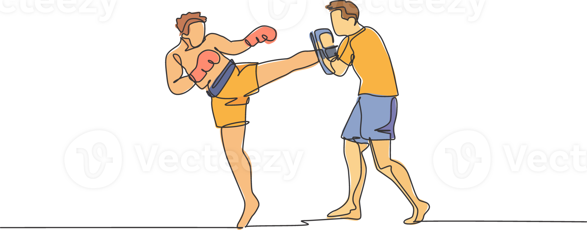 One continuous line drawing of young sporty man kickboxer athlete training with personal trainer who hold punch bag at gym center. Combative sport concept. Single line draw design illustration png