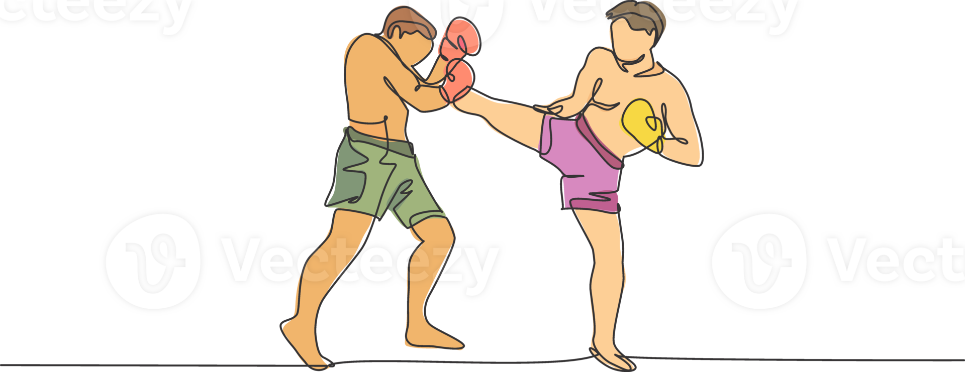 One single line drawing of young energetic man kickboxer practice with personal trainer in boxing arena graphic illustration. Healthy lifestyle sport concept. Modern continuous line draw design png