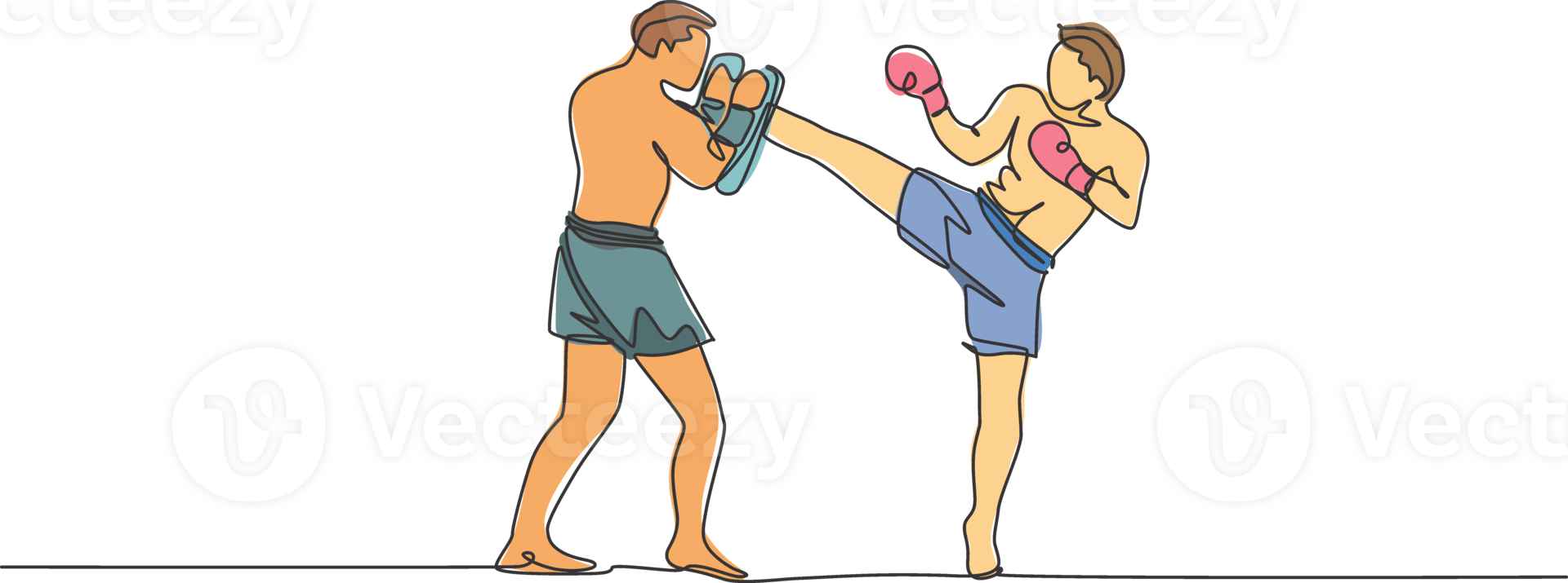 One single line drawing of young energetic man kickboxer practice with personal trainer in boxing arena graphic illustration. Healthy lifestyle sport concept. Modern continuous line draw design png