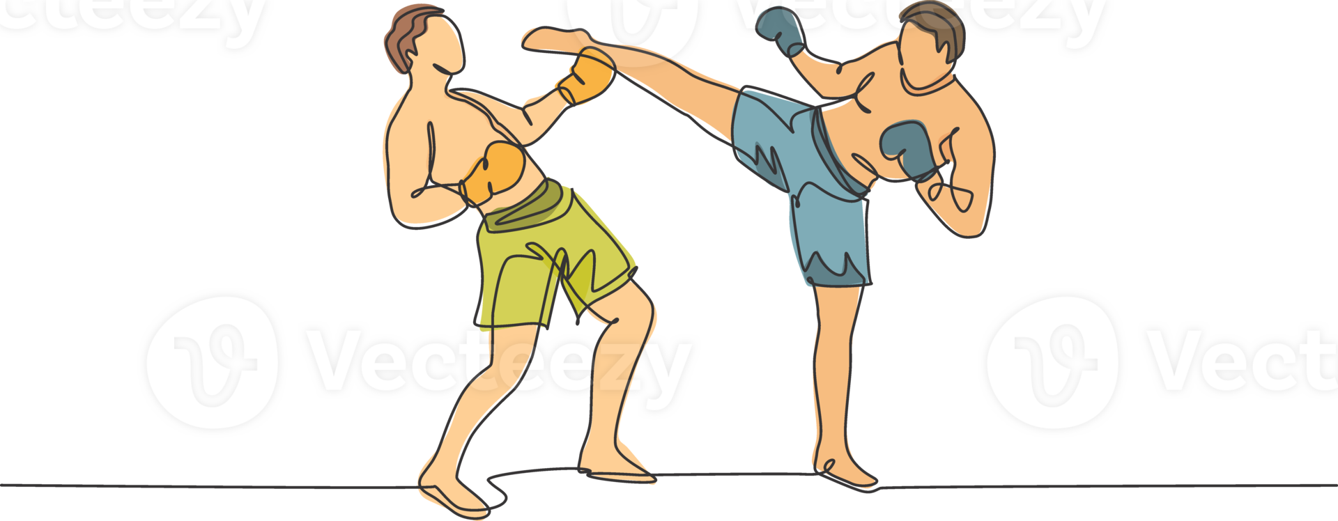 One single line drawing of young energetic man kickboxer practice sparring fight with partner in boxing arena illustration. Healthy lifestyle sport concept. Modern continuous line draw design png