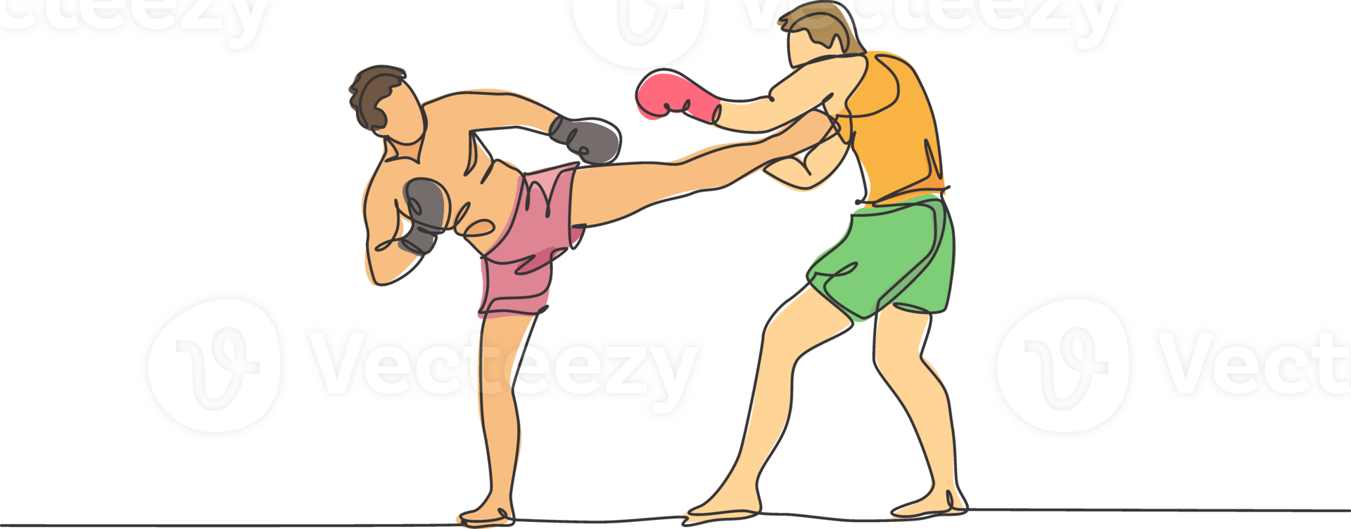 One continuous line drawing of two young sporty men kickboxer athlete training together at gym center. Sparring fight. Combative kickboxing sport concept. Single line draw design illustration png