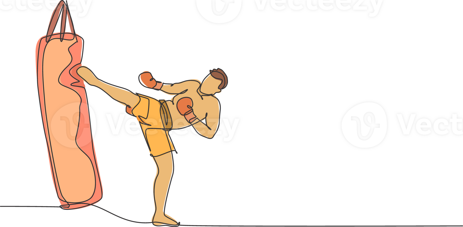 One continuous line drawing of young sporty man kickboxer athlete training with kick punching bag at gym center. Combative kickboxing sport concept. Dynamic single line draw design illustration png