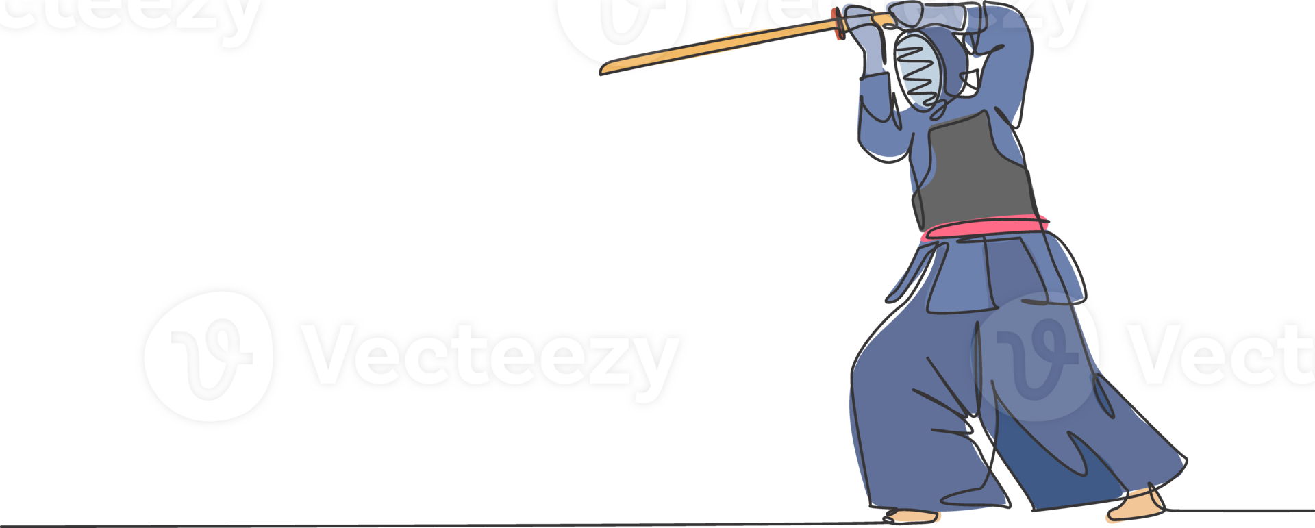 One continuous line drawing of young sporty man training kendo defense fighting skill in dojo center. Healthy martial art sport concept. Dynamic single line draw design illustration graphic png