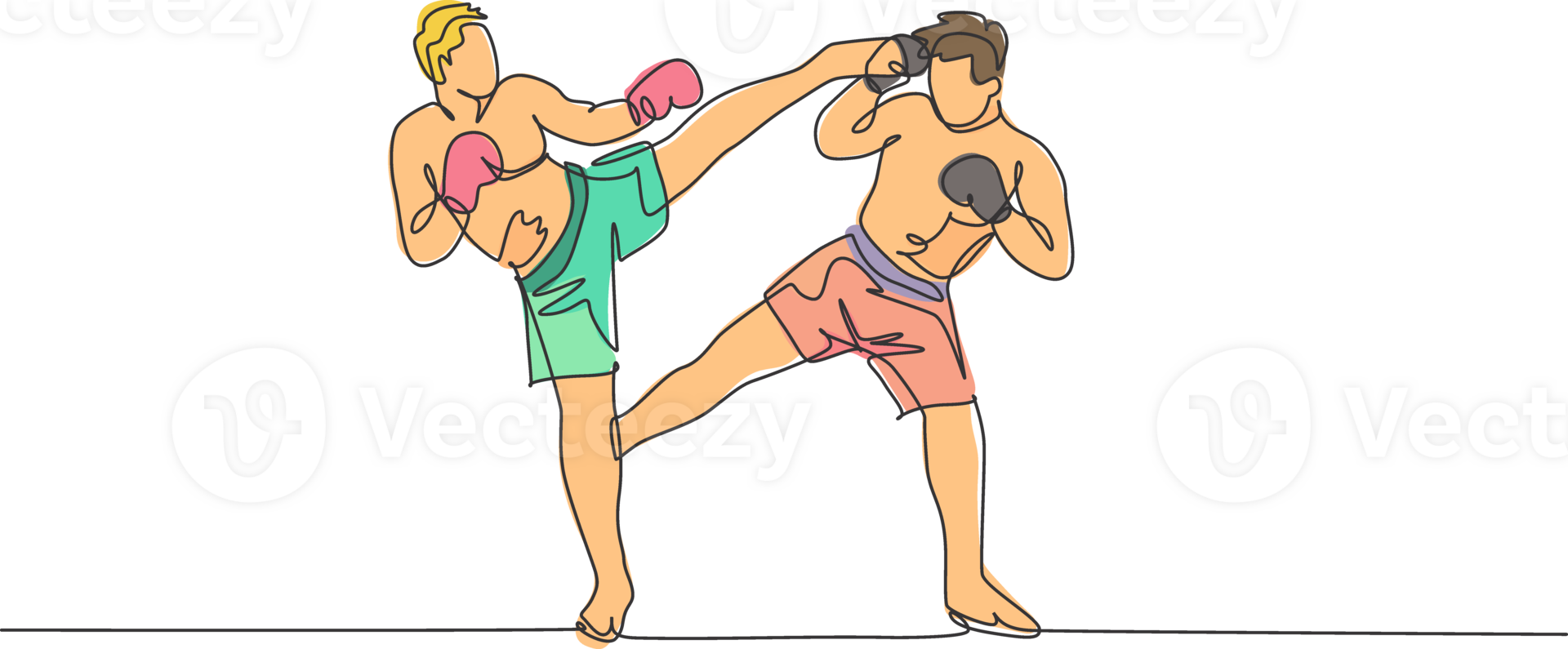 One single line drawing of young energetic man kickboxer practice sparring combat with partner in boxing arena illustration. Healthy lifestyle sport concept. Modern continuous line draw design png
